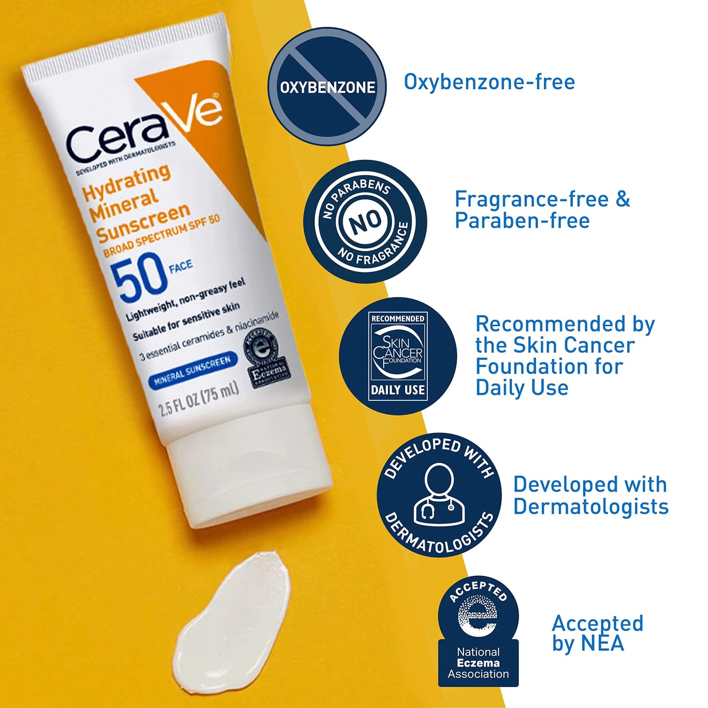 CeraVe 100% Mineral Sunscreen SPF 50 | Face sunscreen With Zinc Oxide & Titanium Dioxide | Hyaluronic Acid + Niacinamide + Ceramides | Oil Free Sunscreen For Face | Travel Size Sunscreen 2.5 oz