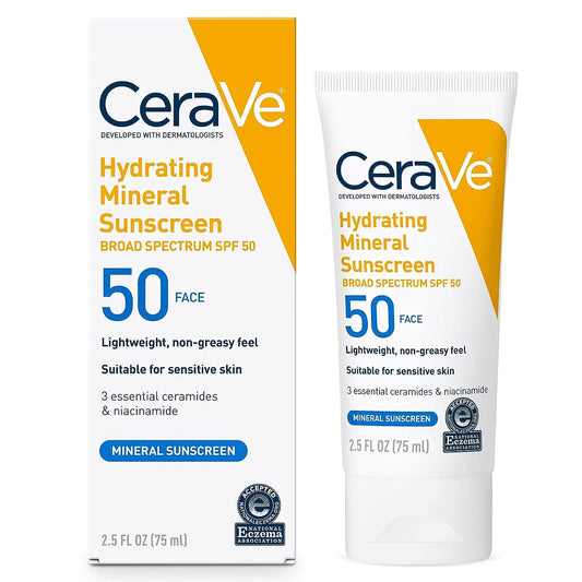 CeraVe 100% Mineral Sunscreen SPF 50 | Face sunscreen With Zinc Oxide & Titanium Dioxide | Hyaluronic Acid + Niacinamide + Ceramides | Oil Free Sunscreen For Face | Travel Size Sunscreen 2.5 oz